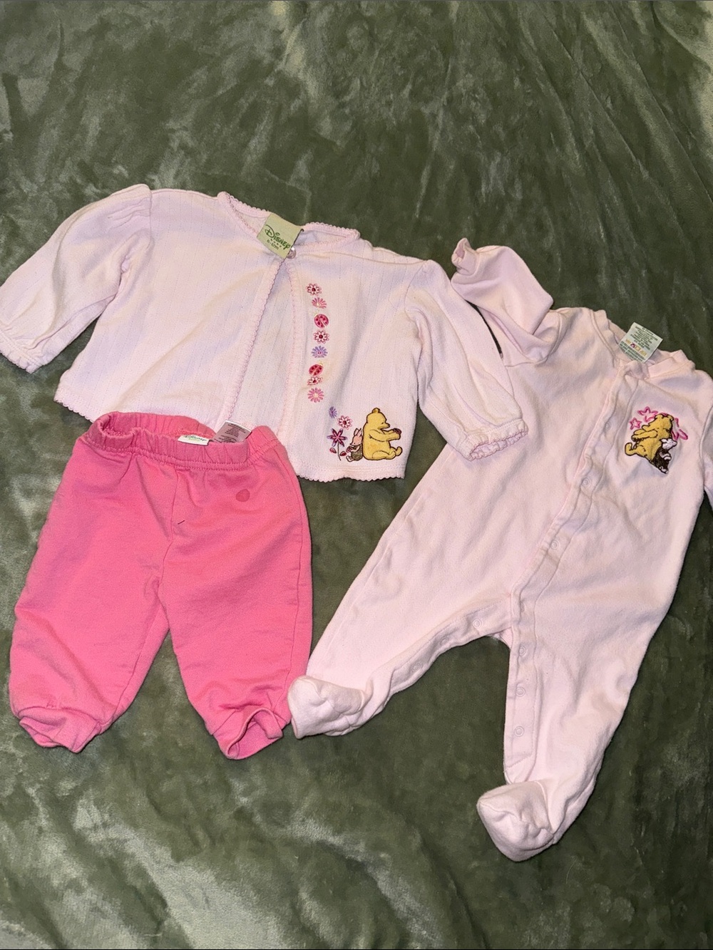 3-6m vintage Disney Pink Baby 3-Piece Set with Winnie the Pooh Embroidery